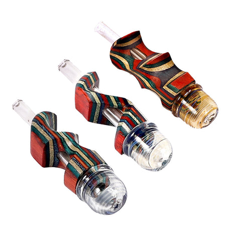 Colorful Wood & Glass Hybrid Pipes, 3.5" compact design, angled for dry herbs, white background