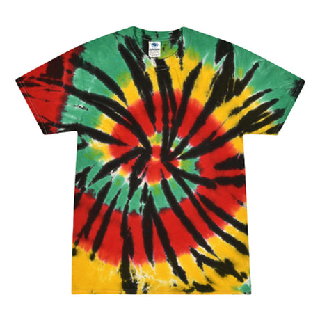 Colortone Rasta Web Tie-Dye T-Shirt in vibrant red, yellow, and green colors, front view on white background