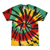 Colortone Rasta Web Tie-Dye T-Shirt in vibrant red, yellow, and green colors, front view on a white background