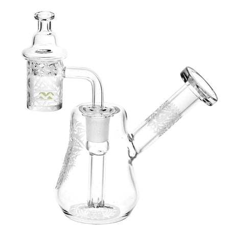 Compact etched glass travel dab rig set with quartz banger, 5.5" height, angled side view