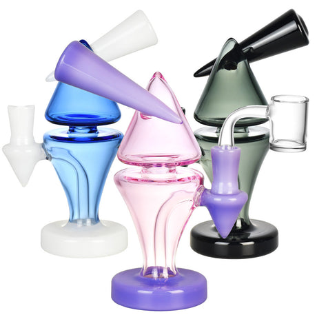 Cone Consciousness Dab Rigs in various colors with quartz bangers, front view on white background