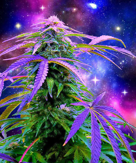 Cosmic Weed Plush Fleece Blanket with vibrant galaxy background and cannabis plant