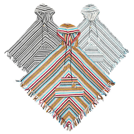 Unisex Cotton Poncho with Pocket in Striped Design, One Size - Flat Lay View