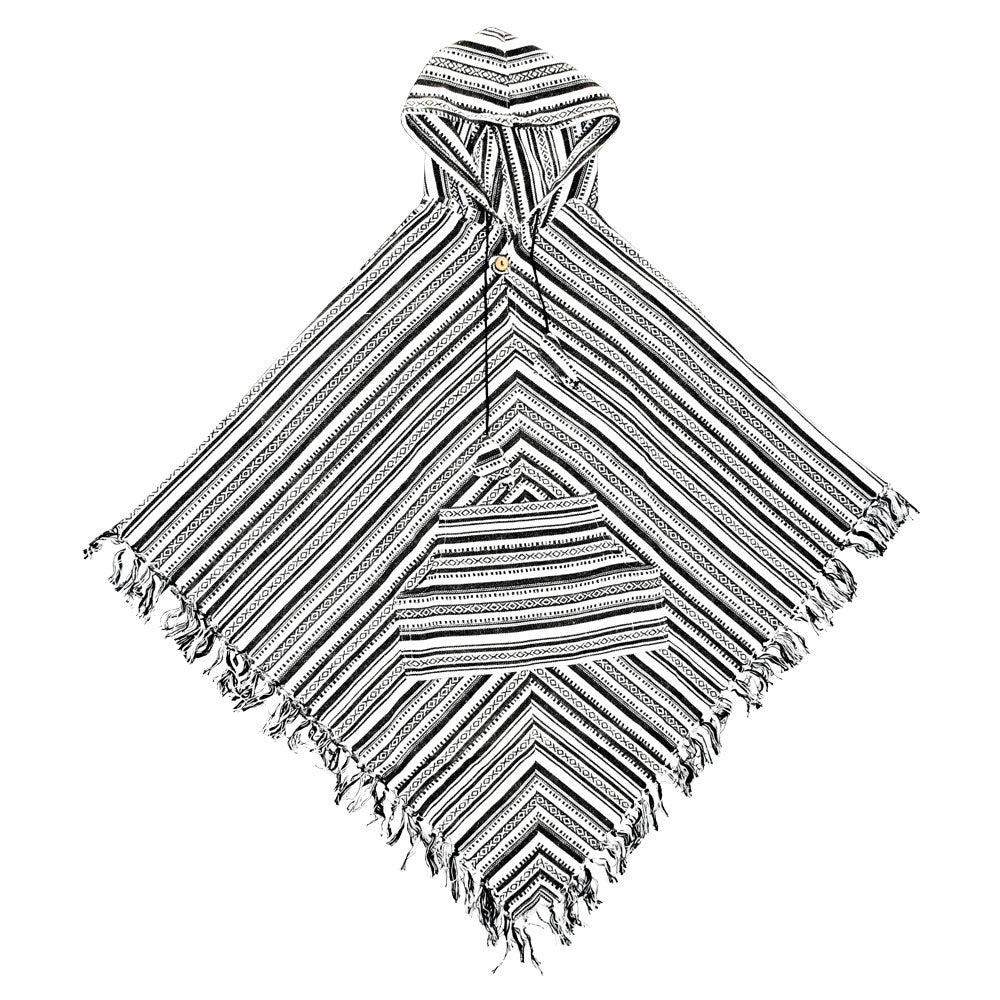 Striped Unisex Cotton Poncho with Pocket, 40" Length, One Size - Flat Lay on White Background