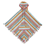 Colorful striped cotton poncho with pocket and fringe, one size - top view