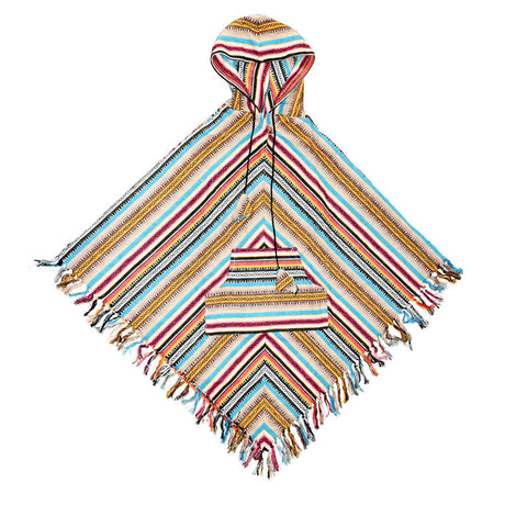Colorful striped cotton poncho with pocket and fringe, one size - top view