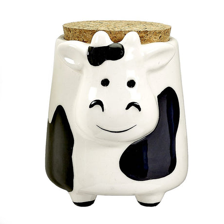 Fantasy Ceramic Cow Novelty Stash Jar - Front View with Cork Lid for Home Decor