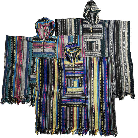 Assorted colors Cozy Cotton Hooded Ponchos with pockets spread out, front view, 30" length