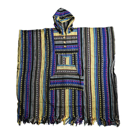 Colorful Cozy Cotton Hooded Poncho with Pockets laid flat, showcasing intricate patterns and fringes
