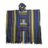 Colorful Cozy Cotton Hooded Poncho with Pockets laid flat, showcasing intricate patterns and fringes