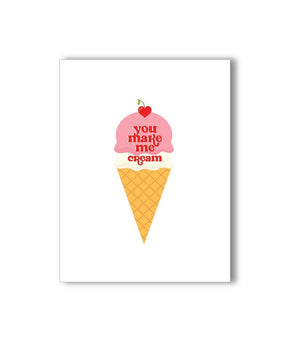 KKARDS Cream Card featuring a playful ice cream cone graphic with the phrase 'you make me cream', front view.