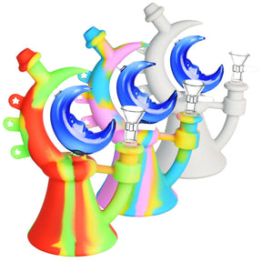 Colorful Crescent Moon Silicone & Glass Water Pipes with 14mm Joints - Front View