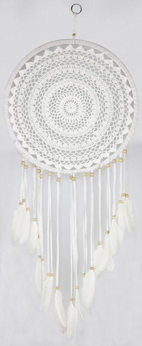 Handmade 12" Crochet Dreamcatcher with Wooden Beads, Front View on White Background