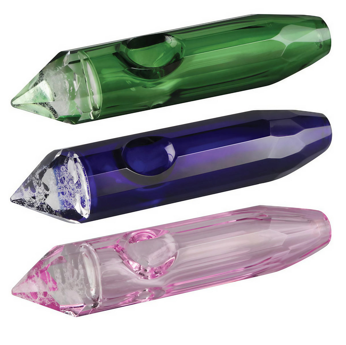 Assorted colors Crystal Chakra Glass Hand Pipes for dry herbs, 4.5" borosilicate glass, top view