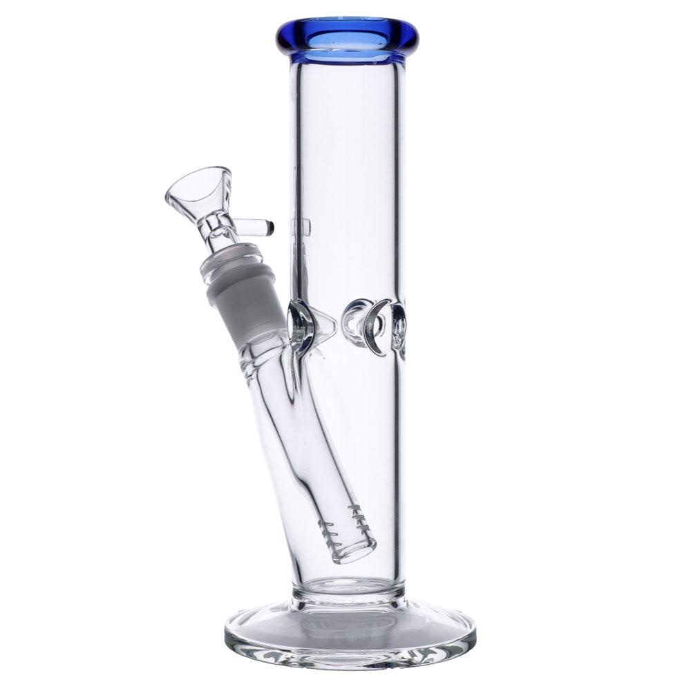 Valiant Distribution Straight Tube Water Pipe, Clear with Blue Accents and Ice Catcher, Front View