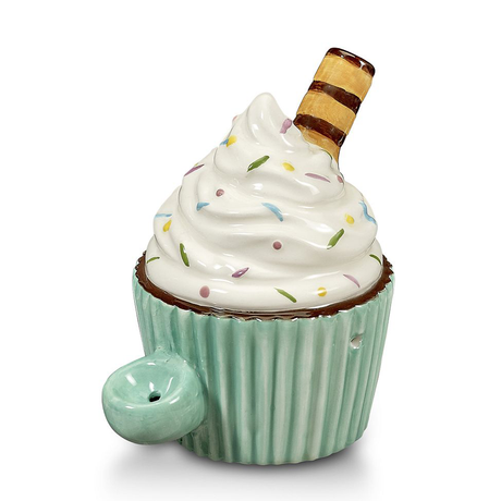 Fantasy Ceramic Cupcake Novelty Pipe with Deep Bowl, Front View on Seamless White Background
