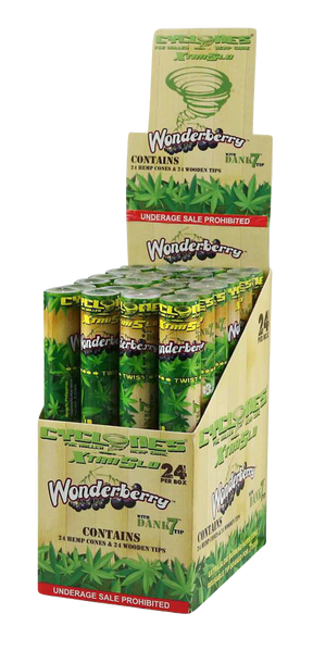 Cyclones Wonderberry Hemp Cones 24 Pack with Wooden Tips Displayed in Pyramid Stack