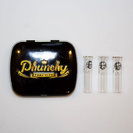 Cypress Hill's Phuncky Feel Tips 8mm Classic Clear 3 Pack displayed beside logo tin case