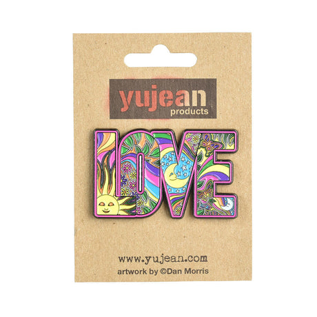 Dan Morris Love Enamel Pin, colorful psychedelic design, displayed on card