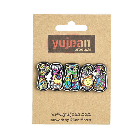 Dan Morris Peace Sign Enamel Pin with colorful patterns on card, front view