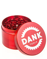 Dank Tools 50mm red aluminum 4-piece herb grinder with sharp teeth, front view on white background