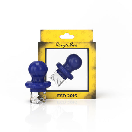 Honeybee Herb Button Top Vortex Carb Cap in Dark Blue for Dab Rigs, front view on branded packaging