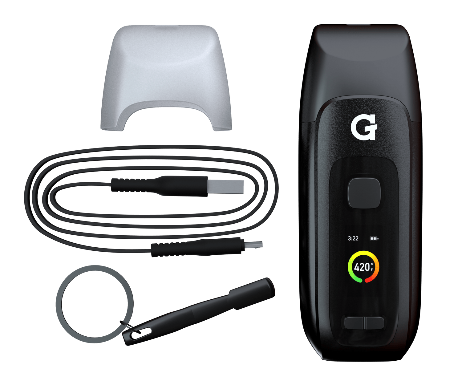 G Pen Dash+ Vaporizer with accessories, digital display on, front view, portable and discreet