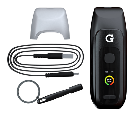 G Pen Dash+ Vaporizer with accessories, digital display on, front view, portable and discreet