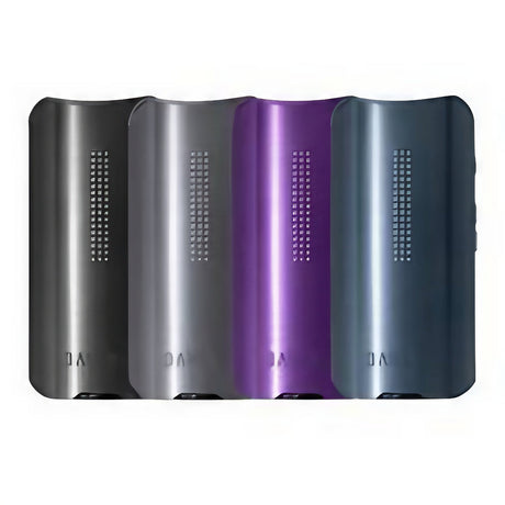 DaVinci IQ2 Vaporizers in grey, purple, and blue, compact and portable design with LED grids