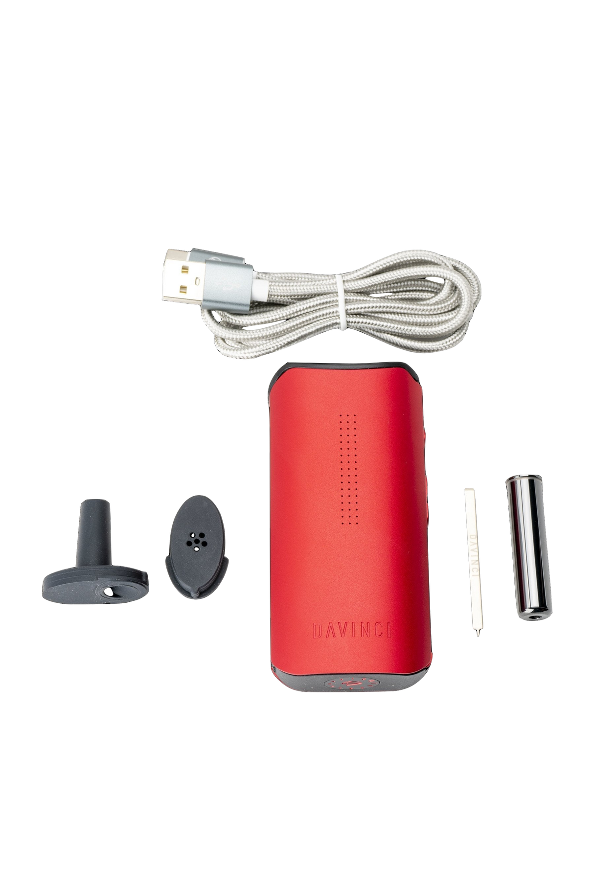 DaVinci IQC Vaporizer in red with accessories, USB cable, and removable battery
