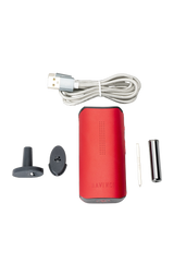 DaVinci IQC Vaporizer in red with accessories, USB cable, and removable battery