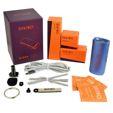 daVinci Miqro Dry Herb Vaporizer kit with accessories and packaging, 900mAh, 3" size, front view