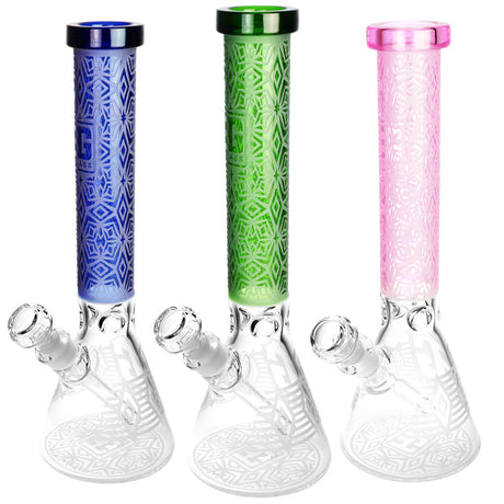 Trio of Deco Diamond Etched Beaker Water Pipes in blue, green, and pink with slit-diffuser percolator