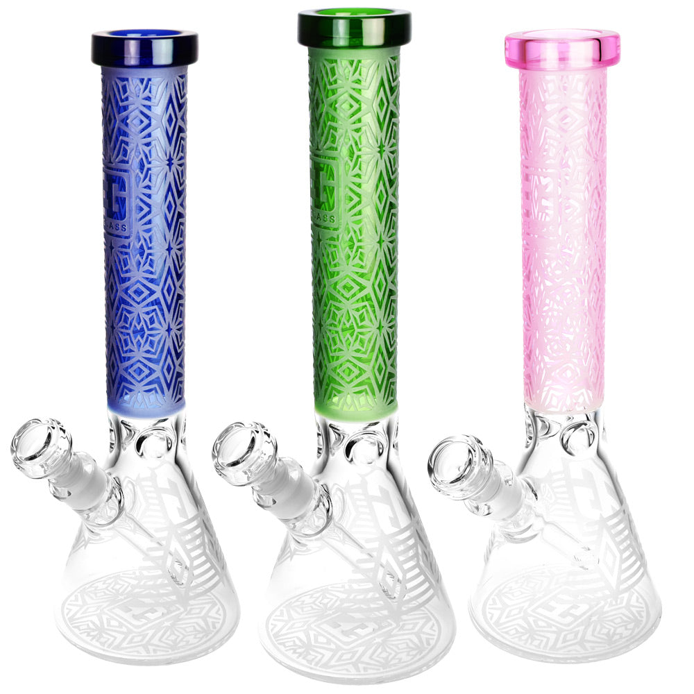 Trio of Deco Diamond Etched Beaker Water Pipes in blue, green, and pink with slit-diffuser percolator