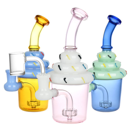Colorful Cupcake Dab Rigs with Borosilicate Glass, Front View, 7.5" Tall, 14mm Female Joint