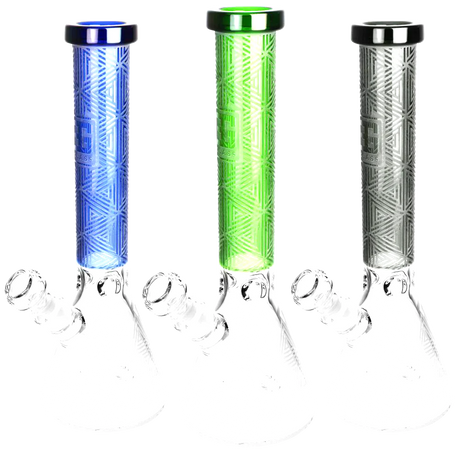 Delta Triangle Etched Beaker Water Pipes in blue, green, and clear glass options, 14.5" with slit-diffuser
