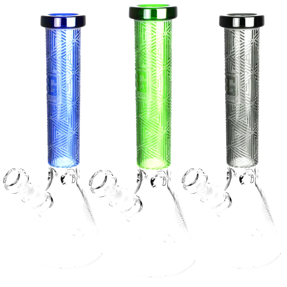 Delta Triangle Etched Beaker Water Pipes in blue, green, and clear glass options, 14.5" with slit-diffuser