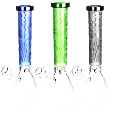 Delta Triangle Etched Beaker Water Pipes in blue, green, and clear variants with slit-diffuser percolators