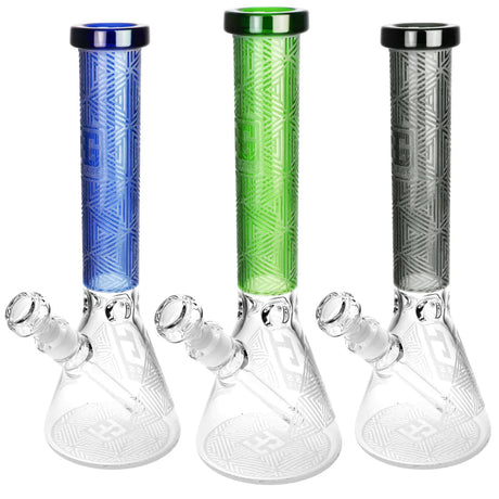 Delta Triangle Etched Beaker Water Pipes in blue, green, and black with slit-diffuser percolator