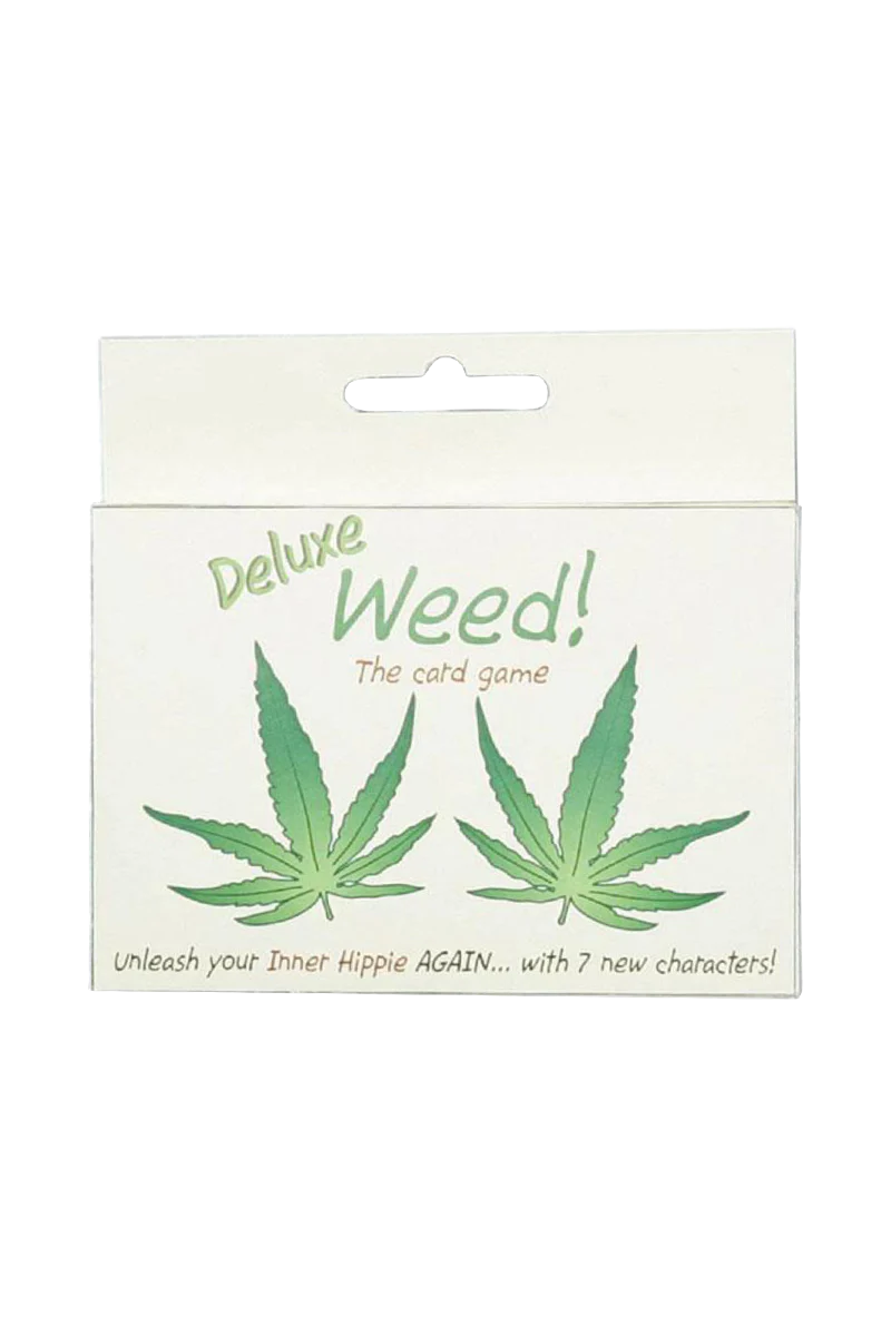 Deluxe Weed! 420 Themed Card Game front view, featuring cannabis leaf design and fun tagline.