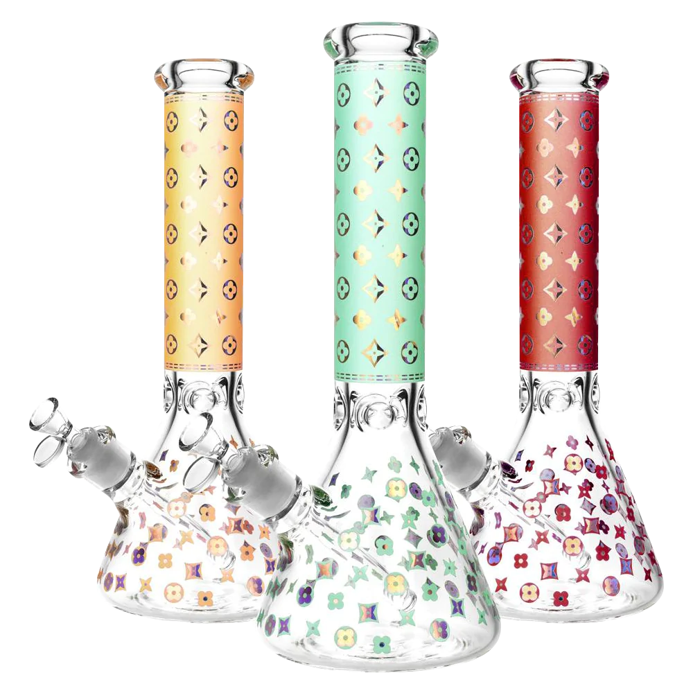 Trio of Designer Floral Diamond Print Bongs with 14" Height and 45 Degree Joint Angle