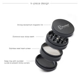 GC 2.5" Ceramic Herb Grinder by Blue Bus with 4-part design, magnetic lid, and mesh screen - Exploded View