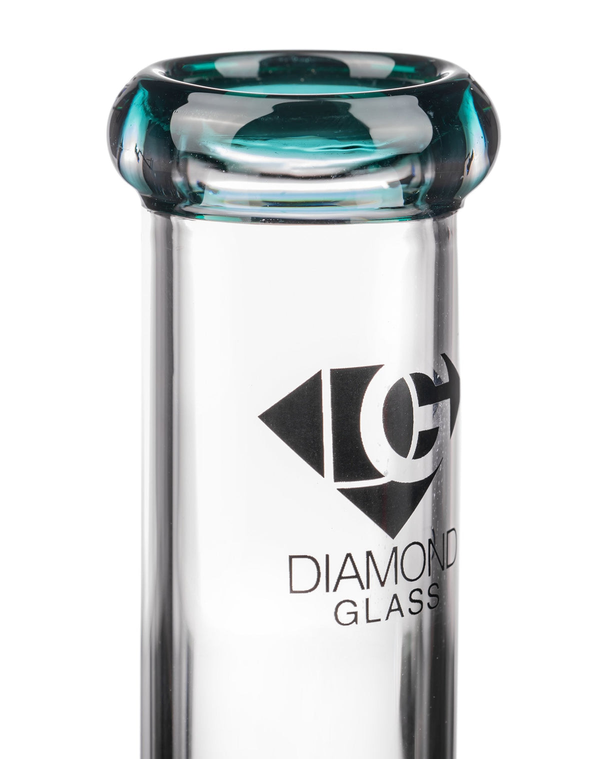 Close-up of Diamond Glass 8" Beaker Bong mouthpiece, clear borosilicate glass, USA made
