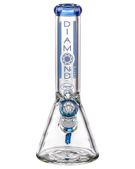 Diamond Glass 11" Beaker Bong with 9mm thickness, clear body, blue accents, and deep bowl for dry herbs.