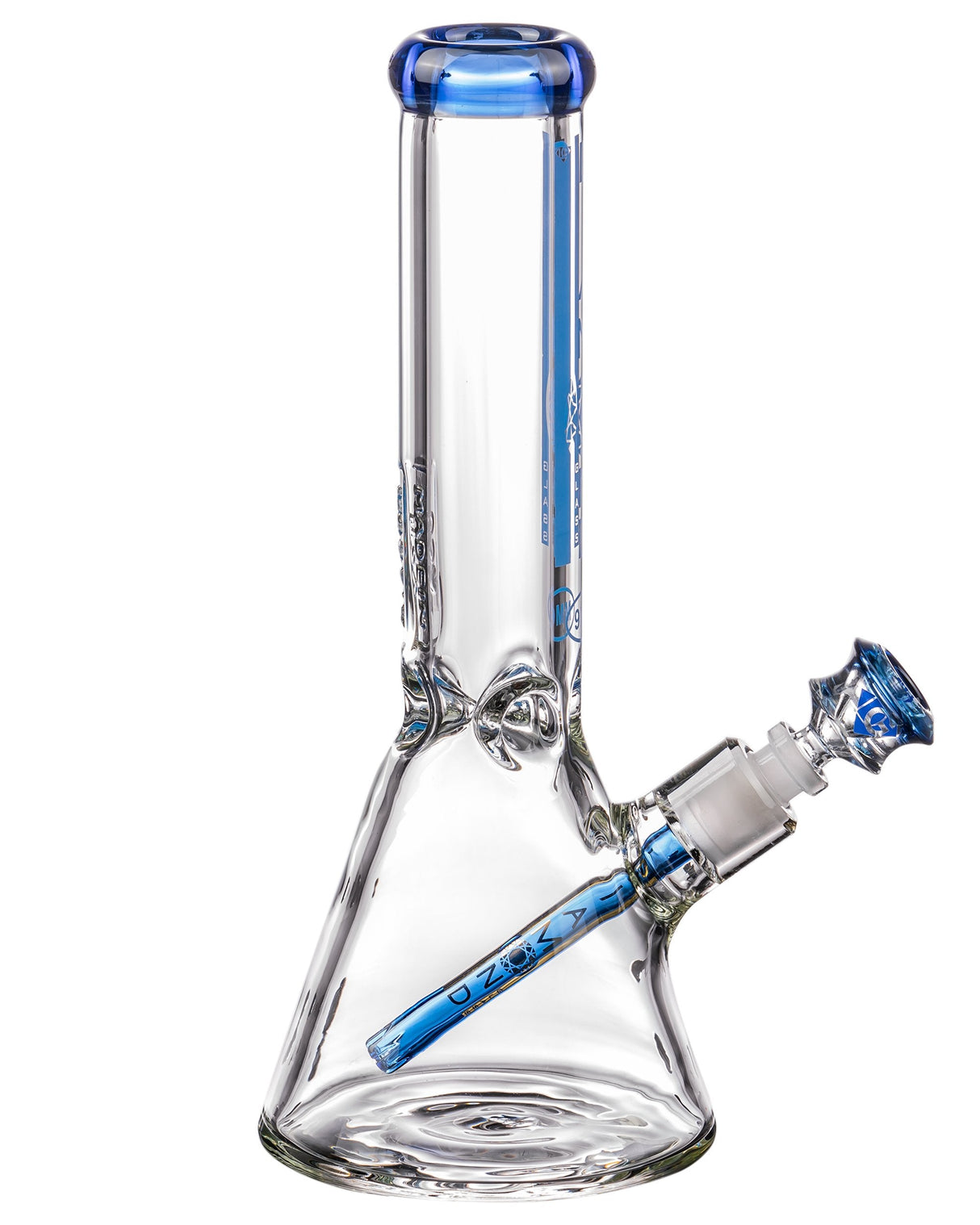 Diamond Glass 11" Beaker Bong, 9mm Thick with Blue Accents, Front View on White Background