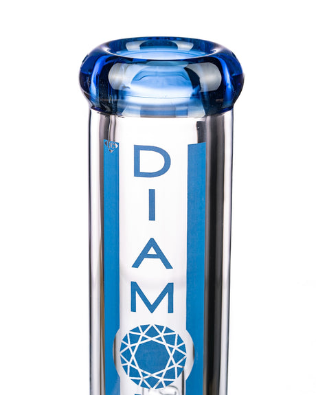 Close-up of Diamond Glass 9mm Beaker Bong in Clear with Blue Accents, 11" Tall