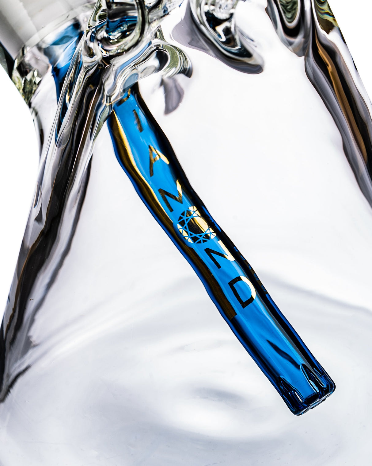 Close-up of Diamond Glass 9mm Thick Beaker Bong with Blue Accents and Logo