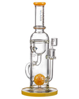 Diamond Glass Ball Perc Incycler with yellow accents, 90-degree joint, and borosilicate glass, front view