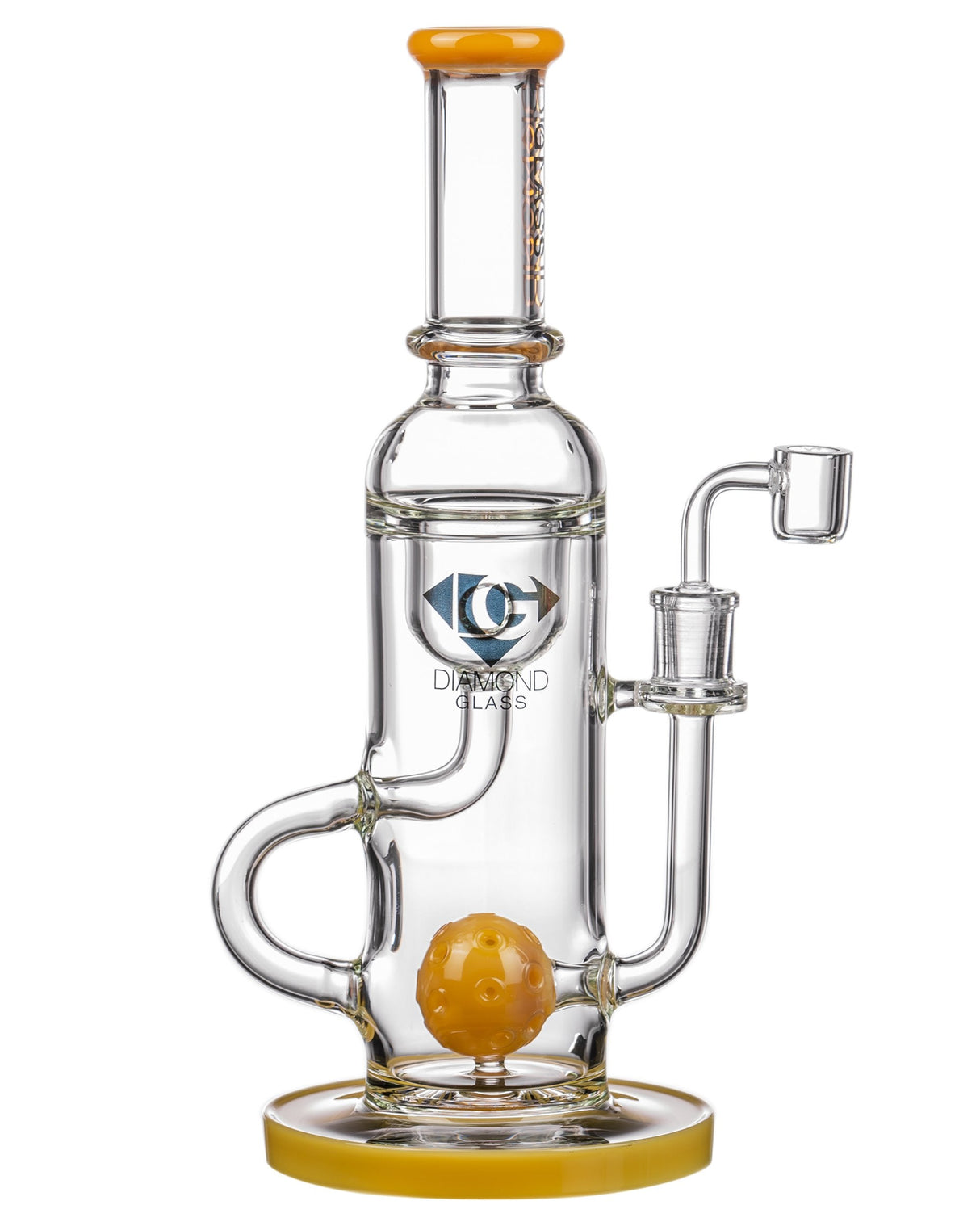 Diamond Glass Ball Perc Incycler with yellow accents, clear borosilicate glass, front view