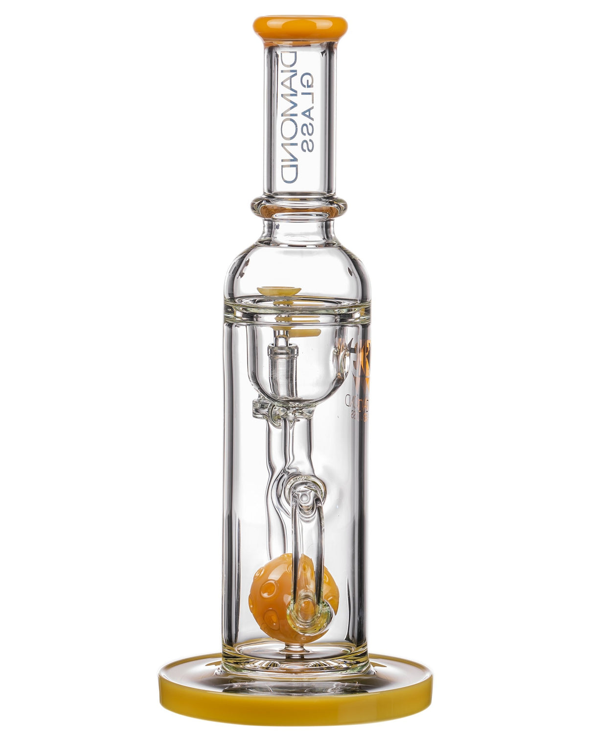 Diamond Glass Ball Perc Incycler Dab Rig with clear and blue accents, front view on white background